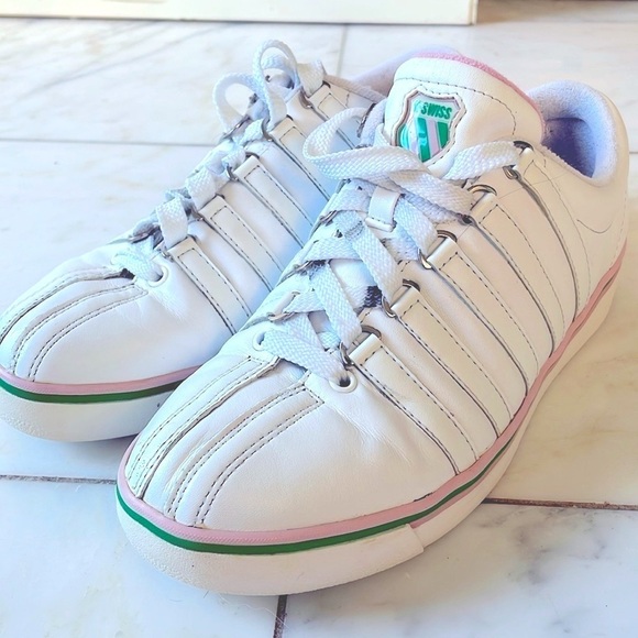 K-Swiss Shoes - K-Swiss women’s sneaker size 8 white with pink and green stripe accents